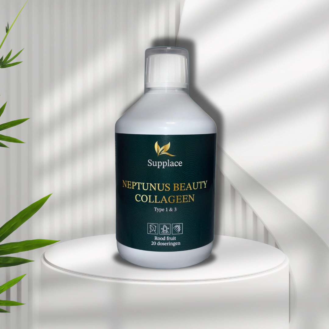 Fles collageen drank, Neptunus Beauty Collageen van Supplace met type 1 & 3 collageen – rood fruit smaak – 20 doseringen